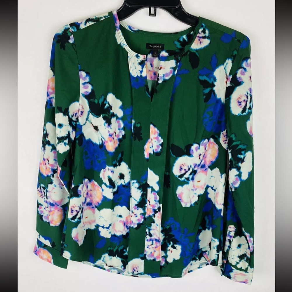 Talbots Womens Shirt 2 Green Floral Long Sleeve V Neck Blouse